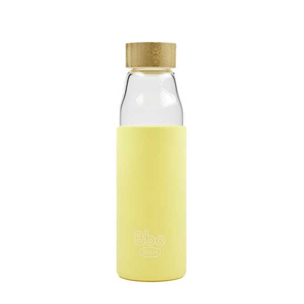 Botella de borosilicato con funda de silicona amarilla y tapón de bambú 500ml