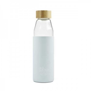 Botella de borosilicato con funda de silicona azul y tapón de bambú 500ml