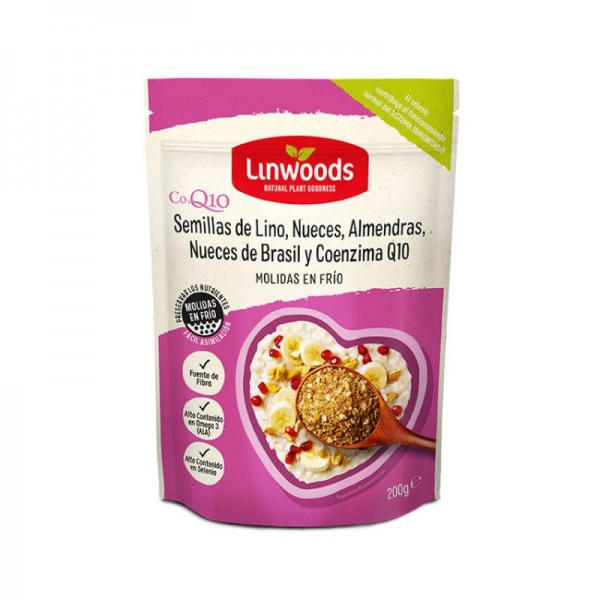 SEMILLAS MOLIDAS DE LINO NUECES ALMENDRAS Y NUECES BRASIL CON CoQ10 200 Grs.